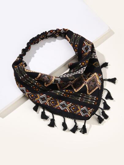 1件装女士波西米亚几何贝壳流苏印花围巾头带，休闲度假及街头风配饰，女士柔软头巾