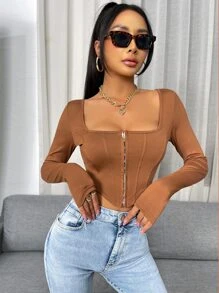 SHEIN SXY 鉤眼扣不對稱下擺短款T恤 - 棕色 - 查看 4