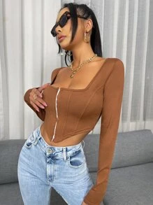 SHEIN SXY 鉤眼扣不對稱下擺短款T恤 - 棕色 - 查看 3