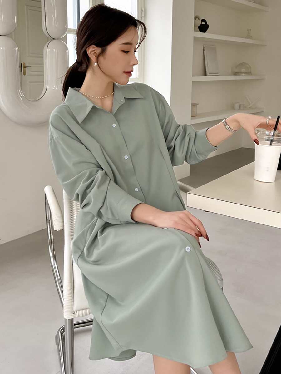 DAZY Thả vai Chi tiết xếp li Váy sơ mi - Màu xanh Bạc hà - Xem 1