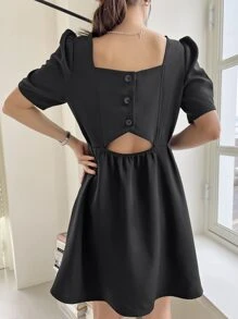 DAZY Đầm Nút Cắt ra màu trơn Thanh lịch - màu đen - Xem 2