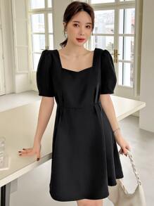 DAZY Đầm Nút Cắt ra màu trơn Thanh lịch - màu đen - Xem 4