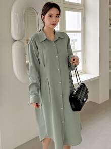 DAZY Thả vai Chi tiết xếp li Váy sơ mi - Màu xanh Bạc hà - Xem 3