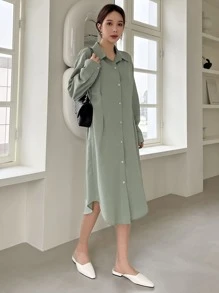 DAZY Thả vai Chi tiết xếp li Váy sơ mi - Màu xanh Bạc hà - Xem 4