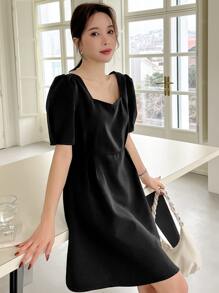 DAZY Đầm Nút Cắt ra màu trơn Thanh lịch - màu đen - Xem 6