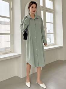 DAZY Thả vai Chi tiết xếp li Váy sơ mi - Màu xanh Bạc hà - Xem 5