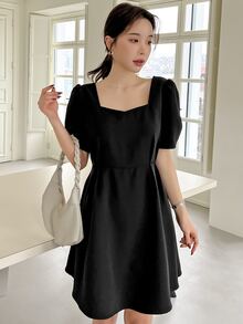 DAZY Đầm Nút Cắt ra màu trơn Thanh lịch - màu đen - Xem 7