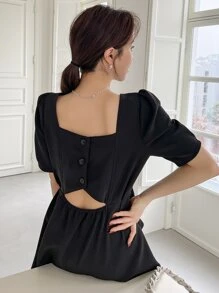 DAZY Đầm Nút Cắt ra màu trơn Thanh lịch - màu đen - Xem 1