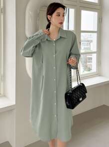 DAZY Thả vai Chi tiết xếp li Váy sơ mi - Màu xanh Bạc hà - Xem 7