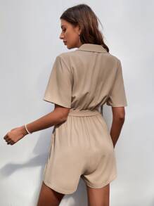 SHEIN LUNE Lapel Collar Belted Shirt Romper - Apricot - View 2