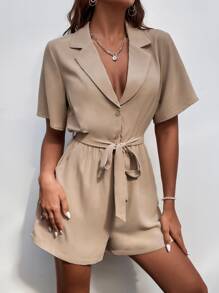SHEIN LUNE Lapel Collar Belted Shirt Romper - Apricot - View 5