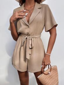 SHEIN LUNE Lapel Collar Belted Shirt Romper - Apricot - View 6