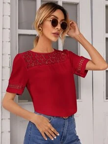 SHEIN Frenchy 拼接蕾絲短袖襯衫 - 酒紅色 - 查看 3
