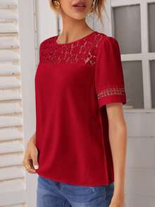 SHEIN Frenchy 拼接蕾絲短袖襯衫 - 酒紅色 - 查看 4