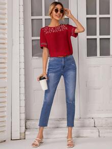 SHEIN Frenchy 拼接蕾絲短袖襯衫 - 酒紅色 - 查看 5