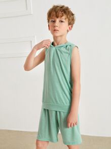 SHEIN Bộ hai mảnh Trai Túi màu trơn Giải trí - Màu xanh Bạc hà - Xem 3