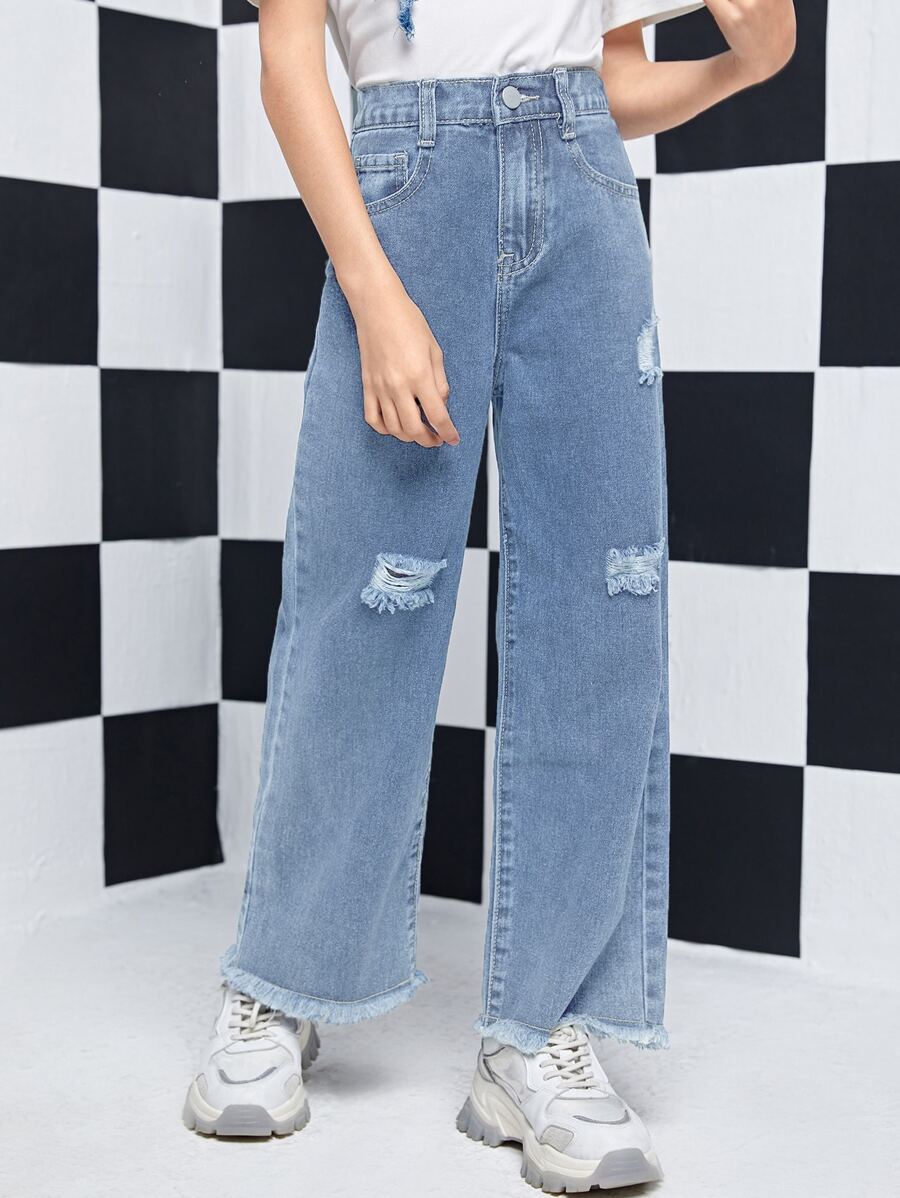 Jeans Rasgados Con Corte En Bruto Para Niñas Preadolescentes - Lavado ligero - Ver 1