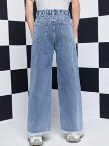 Jeans Rasgados Con Corte En Bruto Para Niñas Preadolescentes - Lavado ligero - Ver 2