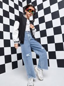 Jeans Rasgados Con Corte En Bruto Para Niñas Preadolescentes - Lavado ligero - Ver 3