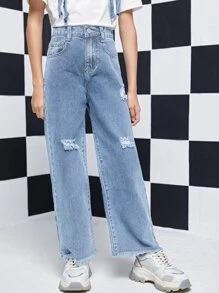 Jeans Rasgados Con Corte En Bruto Para Niñas Preadolescentes - Lavado ligero - Ver 6