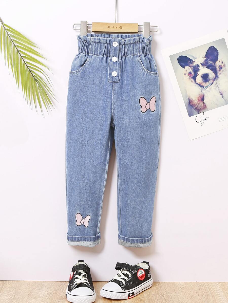 SHEIN Playful Pals Young Girl Bow Embroidery Straight Leg Jeans - Light Wash - View 1