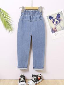 SHEIN Playful Pals Young Girl Bow Embroidery Straight Leg Jeans - Light Wash - View 2