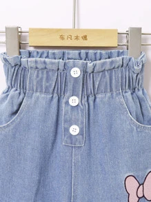 SHEIN Playful Pals Young Girl Bow Embroidery Straight Leg Jeans - Light Wash - View 5