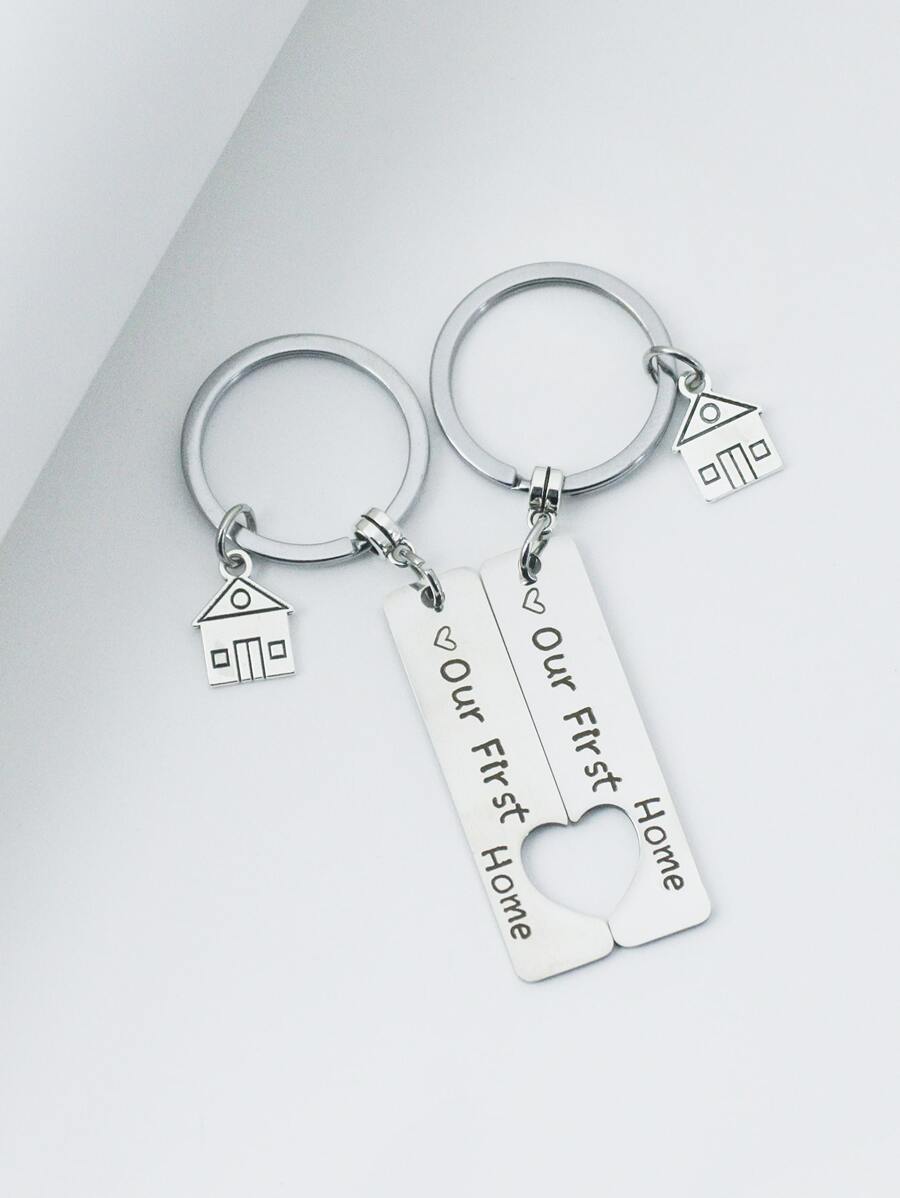 2 件不锈钢情侣钥匙扣，带小房子吊饰，刻有“我们的第一个家”汽车配件可爱哥特 Y2k 包配件挂绳带身份证夹汽车配件包饰 - 銀色 - 查看 1