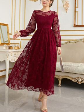 Modelyn Burgundy Red Butterfly Embroidery Mesh Lantern Sleeve Dress Maxi Women Outfit Long Evening Dresses Fall Cloth For Women