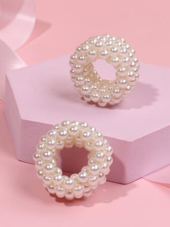 2pcs Girls' White Beaded Hair Ties, Suitable For Daily Life Or Vacation Hairstyles