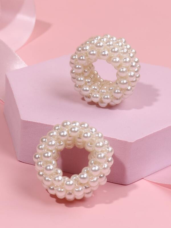 2pcs Girls' White Beaded Hair Ties, Suitable For Daily Life Or Vacation Hairstyles