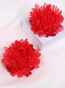 2pcs Cute Red Fabric Hair Ties With Flower And Bead Charms, Suitable For Daily Wear And Vacation - Red - View 2