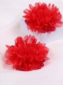 2pcs Cute Red Fabric Hair Ties With Flower And Bead Charms, Suitable For Daily Wear And Vacation - Red - View 3