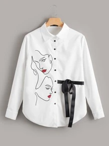 Seusyu Figure Graphic Knot Front Curved Hem Shirt - White - View 1