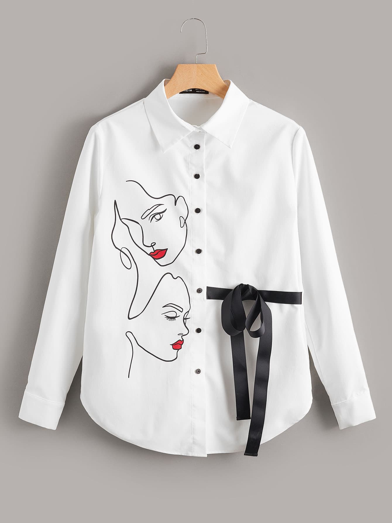 Seusyu Figure Graphic Knot Front Curved Hem Shirt - White - View 1
