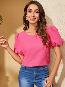 SHEIN Privé Puff Sleeve Solid Blouse - Pink - View 1