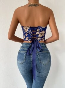 SHEIN Unity Floral Print Lace Up Crop Tube Top - Multicolor - View 2