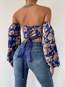 Breezaya Off Shoulder Floral Print Lantern Sleeve Crop Top Fall Cloth For Women - Multicolor - View 2