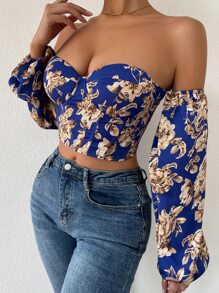 Breezaya Off Shoulder Floral Print Lantern Sleeve Crop Top Fall Cloth For Women - Multicolor - View 3