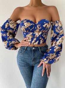 Breezaya Off Shoulder Floral Print Lantern Sleeve Crop Top Fall Cloth For Women - Multicolor - View 4