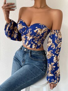 Breezaya Off Shoulder Floral Print Lantern Sleeve Crop Top Fall Cloth For Women - Multicolor - View 5