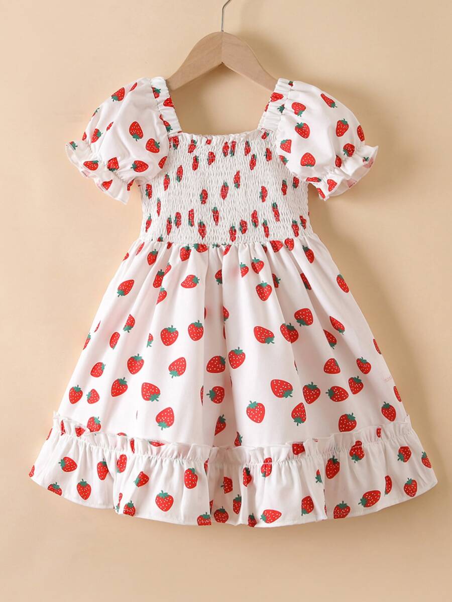 SHEIN Toddler Girls Strawberry Print Shirred Puff Sleeve Ruffle Hem Dress - White - View 1