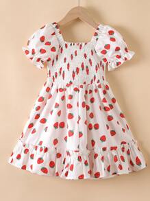 SHEIN Toddler Girls Strawberry Print Shirred Puff Sleeve Ruffle Hem Dress - White - View 2