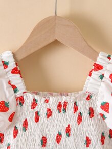 SHEIN Toddler Girls Strawberry Print Shirred Puff Sleeve Ruffle Hem Dress - White - View 5