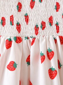 SHEIN Toddler Girls Strawberry Print Shirred Puff Sleeve Ruffle Hem Dress - White - View 6
