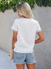 Áo sơ mi nữ Nút Tương phản ren màu trơn Thanh lịch - trắng - Xem 2