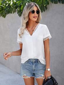 Áo sơ mi nữ Nút Tương phản ren màu trơn Thanh lịch - trắng - Xem 4