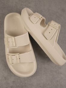 SHUZIA Double Buckle Flatform Footbed Flat Sandals - Beige - View 1