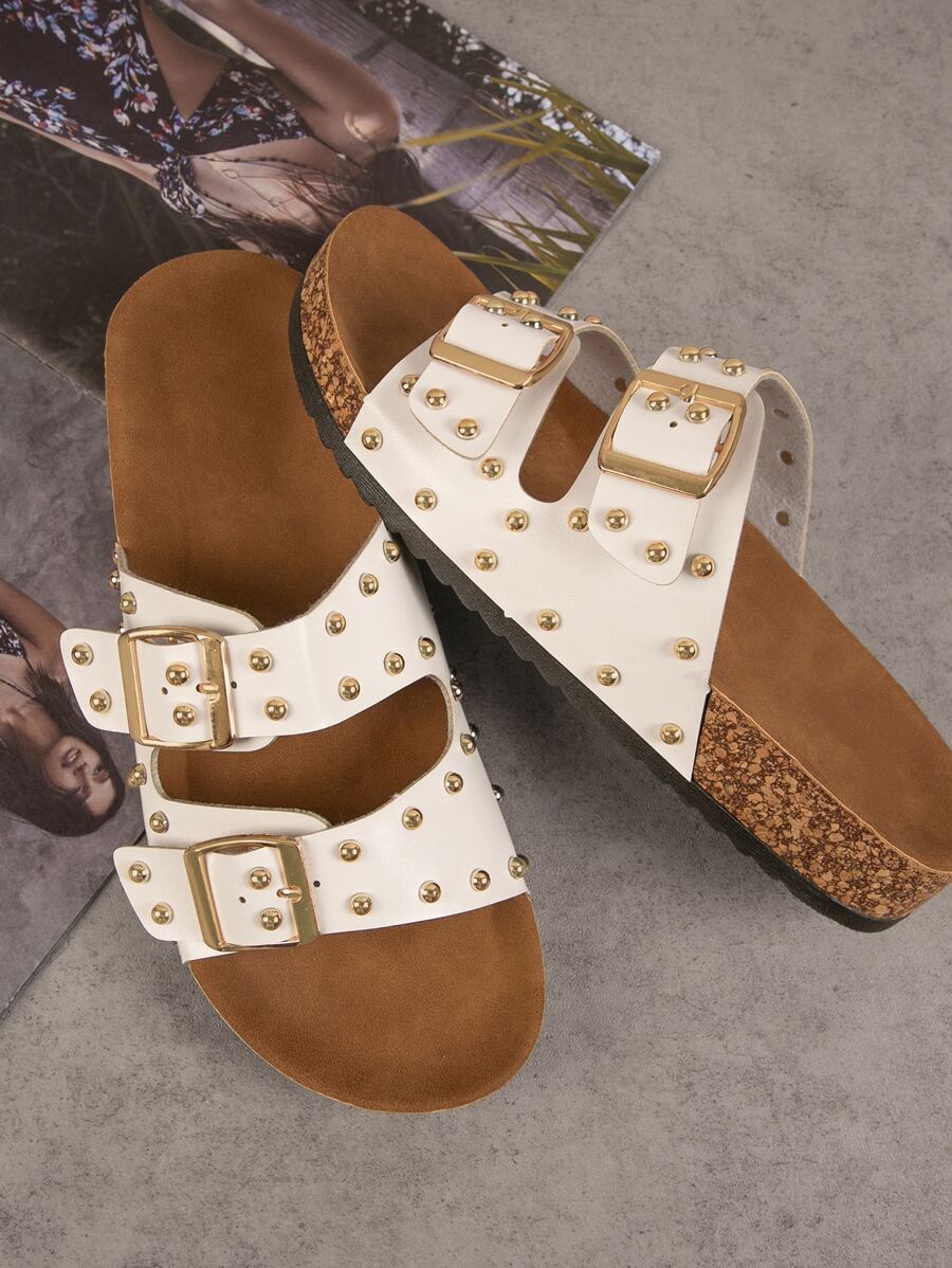 SHUZIA Vegan Leather Gold Studded Buckled Slides Summer Shoes Spring Shoes Spring Break Easter Vacation Shoes Casual Shoes Beach Shoes Mother's Day Present For Christmas Valentine's Day - White - View 1