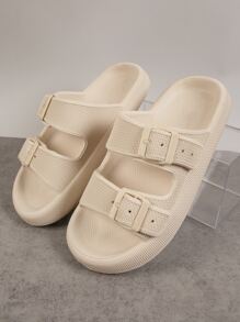 SHUZIA Double Buckle Flatform Footbed Flat Sandals - Beige - View 2